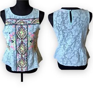 LULUMARI Blue Neon pink and yellow embroidered lace peplum tank top